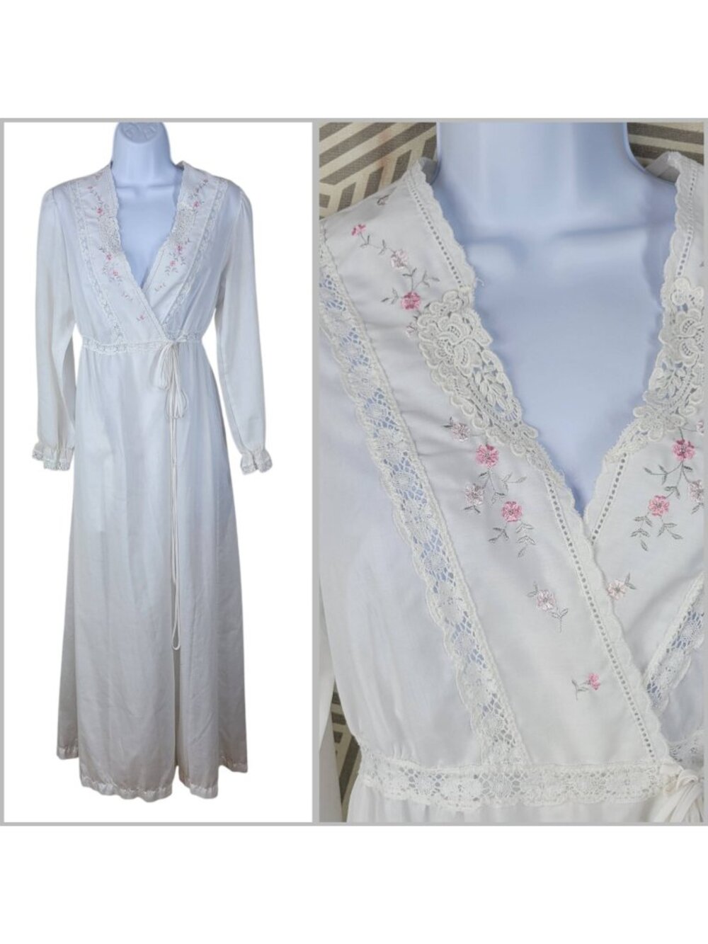 Vintage 70s Long Robe Size XS Small Lace Wrap Tie Front White Floral Embroidered